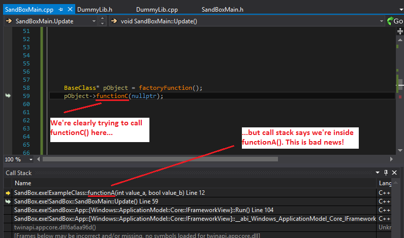 Corrupted V-Table in Debugger